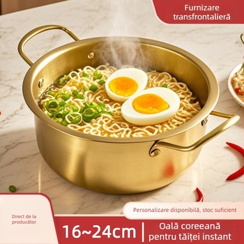 Oală din oțel inoxidabil pentru ramen cu capac, oală cu două mâneri, stil coreean, ecologică, rezistentă la rugină, diametrul 18–22 cm, capacitate 2.1–4 L