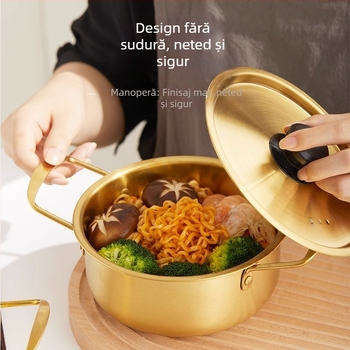 Oală din oțel inoxidabil pentru ramen cu capac, oală cu două mâneri, stil coreean, ecologică, rezistentă la rugină, diametrul 18–22 cm, capacitate 2.1–4 L