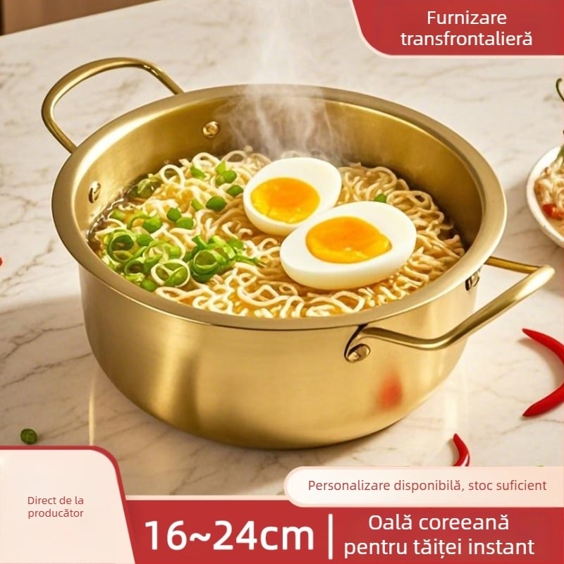 Oală din oțel inoxidabil pentru ramen cu capac, oală cu două mâneri, stil coreean, ecologică, rezistentă la rugină, diametrul 18–22 cm, capacitate 2.1–4 L
