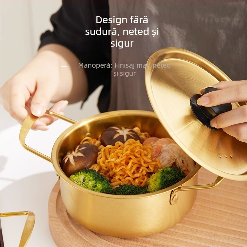Oală din oțel inoxidabil pentru ramen cu capac, oală cu două mâneri, stil coreean, ecologică, rezistentă la rugină, diametrul 18–22 cm, capacitate 2.1–4 L