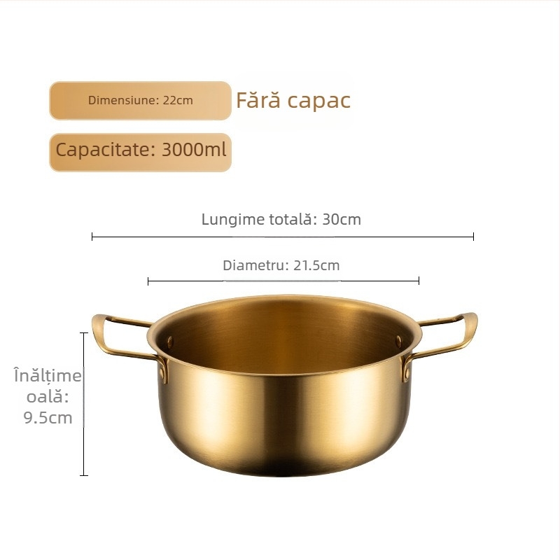 Oală din oțel inoxidabil pentru ramen cu capac, oală cu două mâneri, stil coreean, ecologică, rezistentă la rugină, diametrul 18–22 cm, capacitate 2.1–4 L