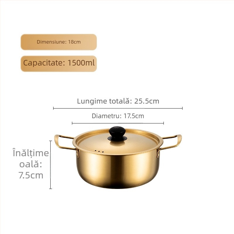 Oală din oțel inoxidabil pentru ramen cu capac, oală cu două mâneri, stil coreean, ecologică, rezistentă la rugină, diametrul 18–22 cm, capacitate 2.1–4 L