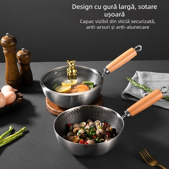 Mini wok pentru o singură porție, din oțel inoxidabil 316, cu strat antiaderent și capac de sticlă — tigaie compactă, multifuncțională pentru uz casnic