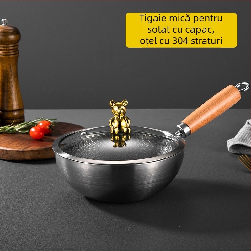 Mini wok pentru o singură porție, din oțel inoxidabil 316, cu strat antiaderent și capac de sticlă — tigaie compactă, multifuncțională pentru uz casnic