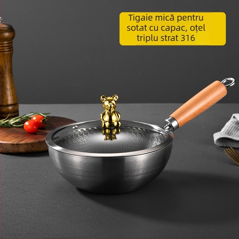 Mini wok pentru o singură porție, din oțel inoxidabil 316, cu strat antiaderent și capac de sticlă — tigaie compactă, multifuncțională pentru uz casnic