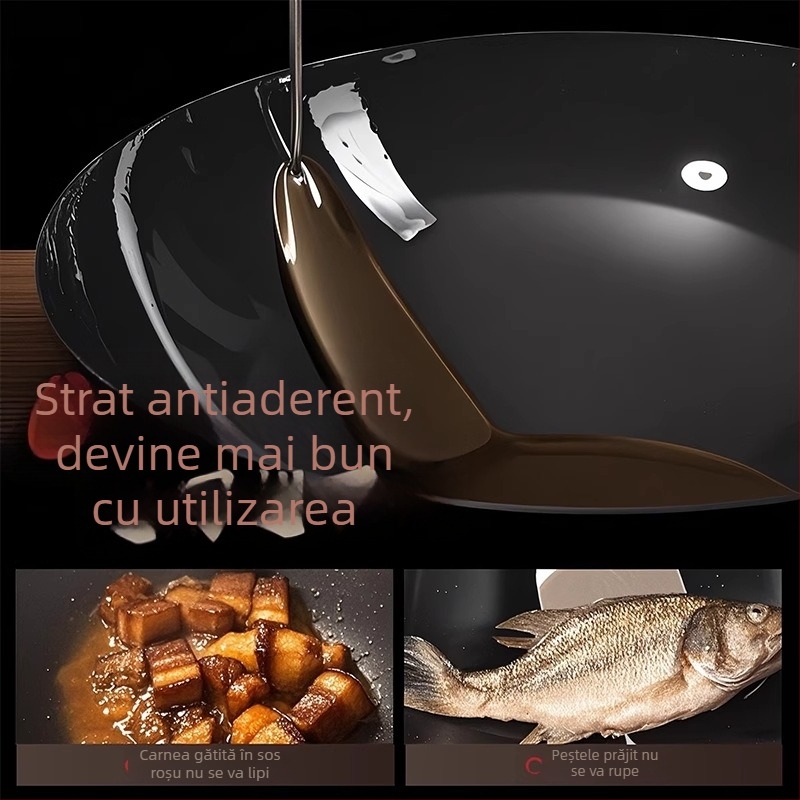 Wok tradițional din fontă Zhangqiu pentru uz casnic, stil vechi, neacoperit, compatibil cu plita pe gaz