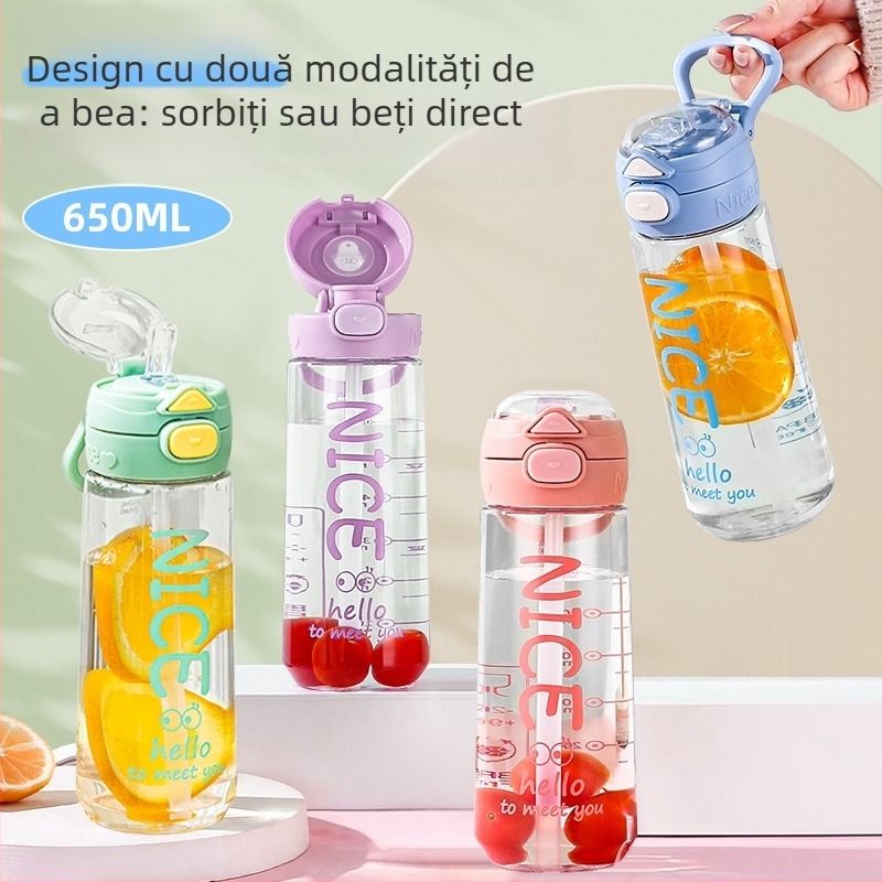 Ceșcuță pentru copii cu pai din plastic, siguranță alimentară, rezistentă la căderi, portabilă, cu curea de purtare, în formă arcuită, pentru școală