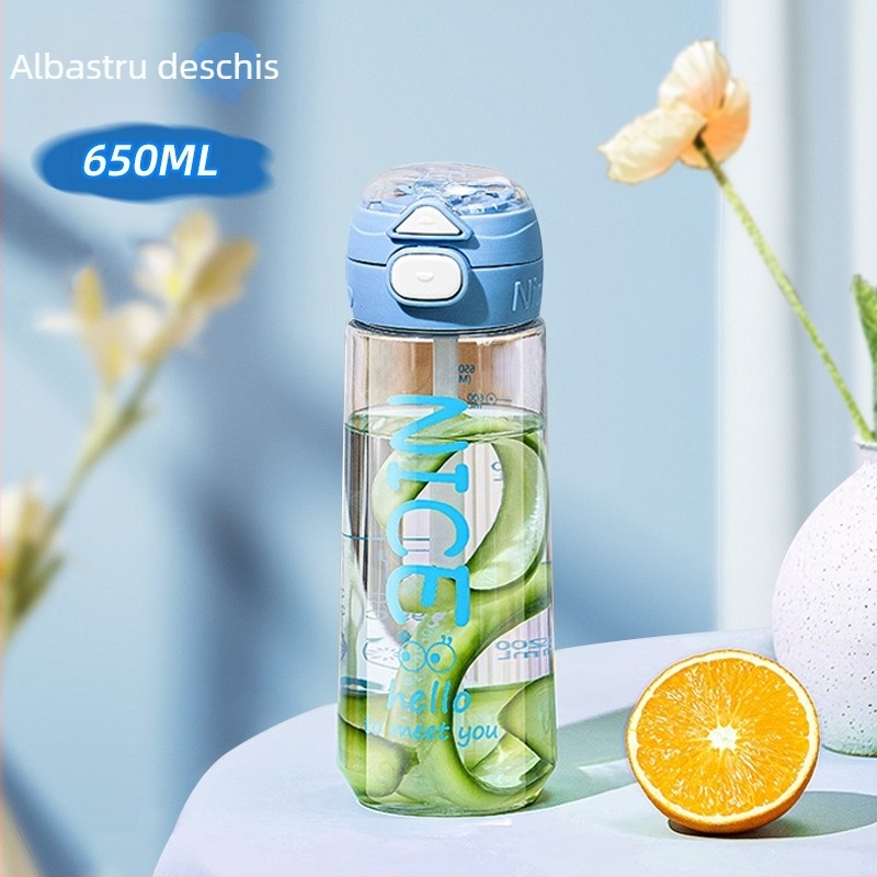 Ceșcuță pentru copii cu pai din plastic, siguranță alimentară, rezistentă la căderi, portabilă, cu curea de purtare, în formă arcuită, pentru școală