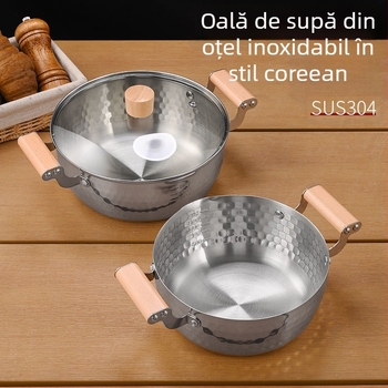 Vas de supă în stil coreean, din oțel inoxidabil 304, cu două mânere și textură ciocanată, potrivit pentru plite cu gaz și inducție, oală pentru noodles, supă și ramen.