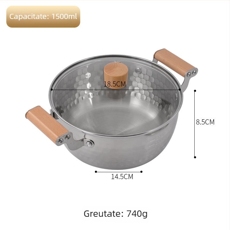 Vas de supă în stil coreean, din oțel inoxidabil 304, cu două mânere și textură ciocanată, potrivit pentru plite cu gaz și inducție, oală pentru noodles, supă și ramen.