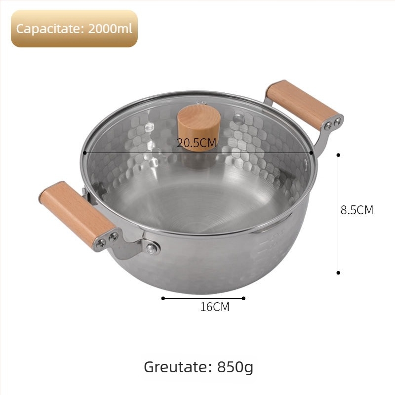 Vas de supă în stil coreean, din oțel inoxidabil 304, cu două mânere și textură ciocanată, potrivit pentru plite cu gaz și inducție, oală pentru noodles, supă și ramen.