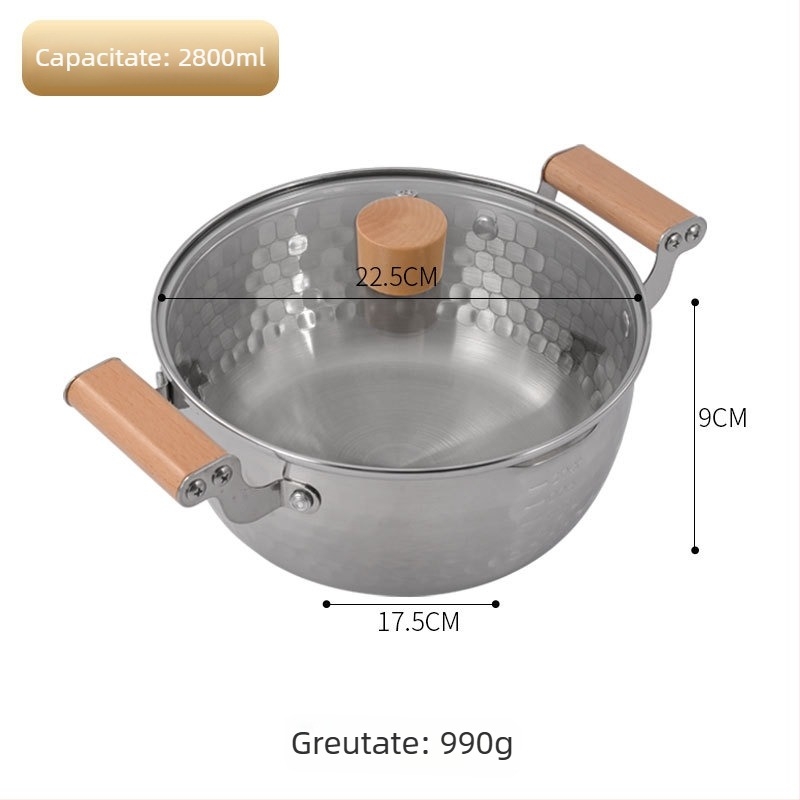 Vas de supă în stil coreean, din oțel inoxidabil 304, cu două mânere și textură ciocanată, potrivit pentru plite cu gaz și inducție, oală pentru noodles, supă și ramen.