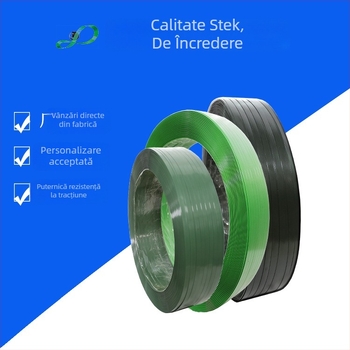 Bandă PET pentru ambalare 12mm x 0,8mm, verde/negru, greutate netă 20 kg, fără miez de hârtie, pentru legarea Țevilor din oțel