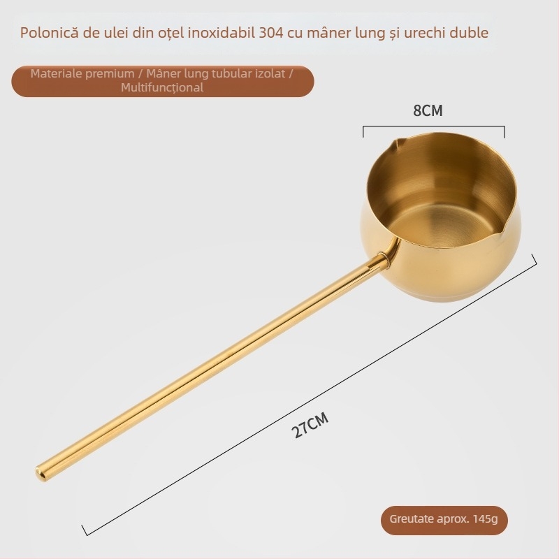 Recipient mic din oțel inoxidabil 304 pentru ulei, cu mâner din lemn, tigaie mini groasă pentru condimentare, fără acoperire