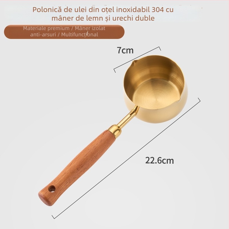 Recipient mic din oțel inoxidabil 304 pentru ulei, cu mâner din lemn, tigaie mini groasă pentru condimentare, fără acoperire