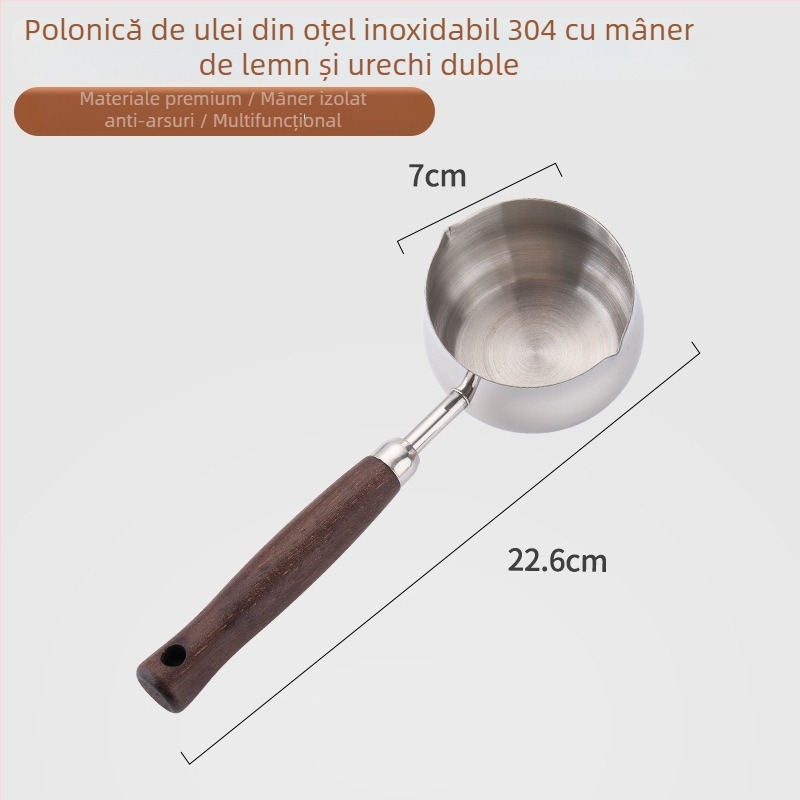 Recipient mic din oțel inoxidabil 304 pentru ulei, cu mâner din lemn, tigaie mini groasă pentru condimentare, fără acoperire