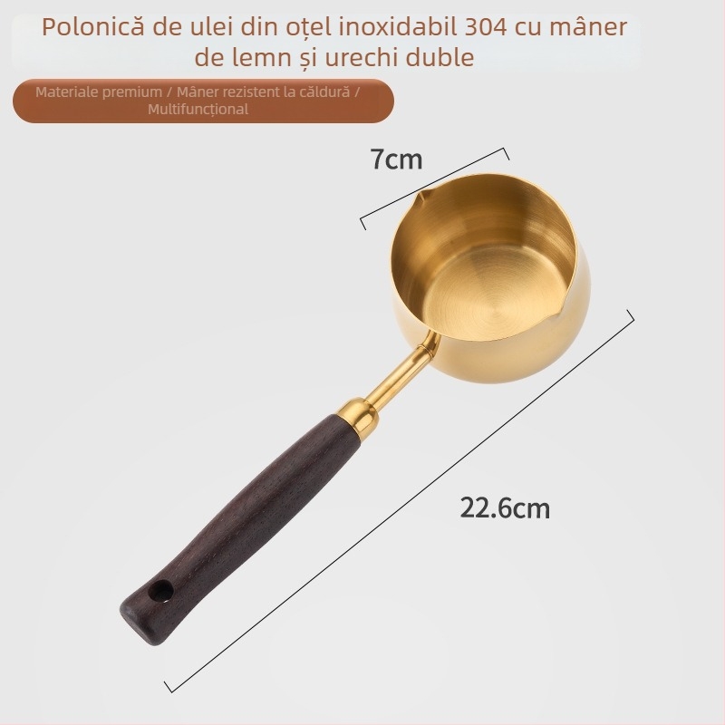 Recipient mic din oțel inoxidabil 304 pentru ulei, cu mâner din lemn, tigaie mini groasă pentru condimentare, fără acoperire