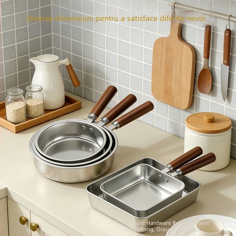 Set de tigăni din oțel inoxidabil 304, fără strat, antiaderent, cu mâner din lemn, protecție împotriva arderii, tigăni pătrate pentru ouă, care pot fi stivuite