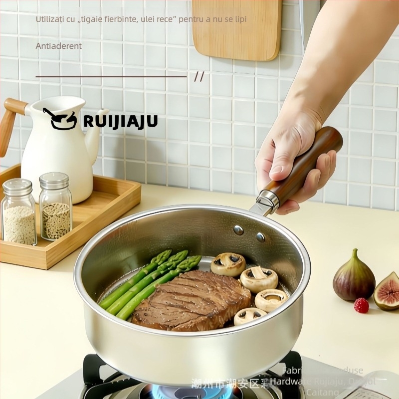 Set de tigăni din oțel inoxidabil 304, fără strat, antiaderent, cu mâner din lemn, protecție împotriva arderii, tigăni pătrate pentru ouă, care pot fi stivuite