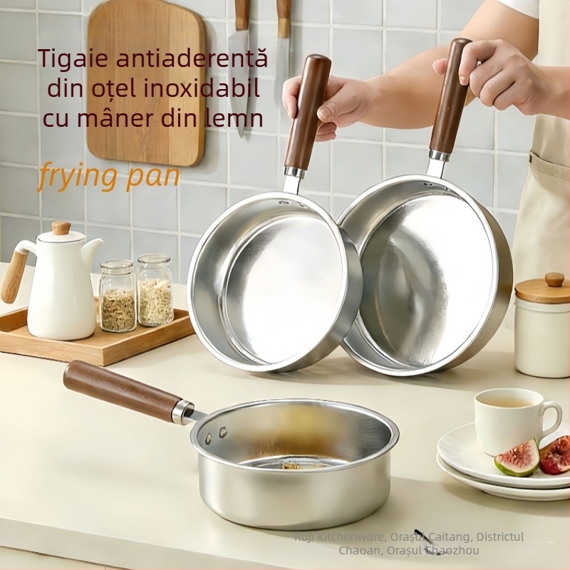 Set de tigăni din oțel inoxidabil 304, fără strat, antiaderent, cu mâner din lemn, protecție împotriva arderii, tigăni pătrate pentru ouă, care pot fi stivuite