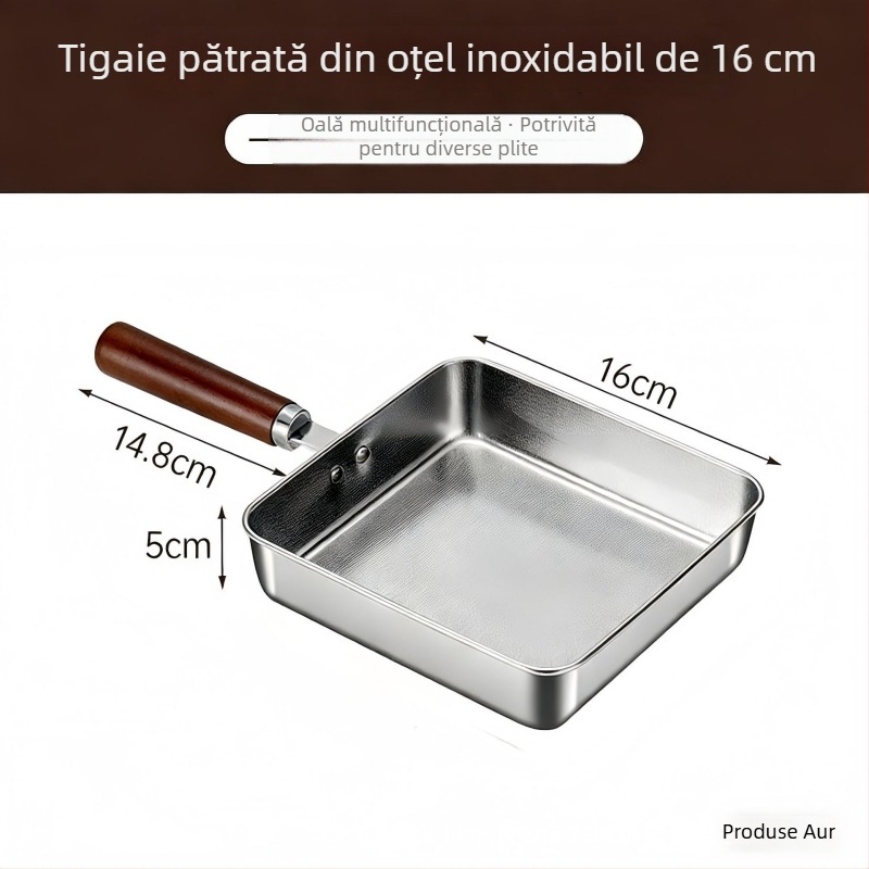 Set de tigăni din oțel inoxidabil 304, fără strat, antiaderent, cu mâner din lemn, protecție împotriva arderii, tigăni pătrate pentru ouă, care pot fi stivuite
