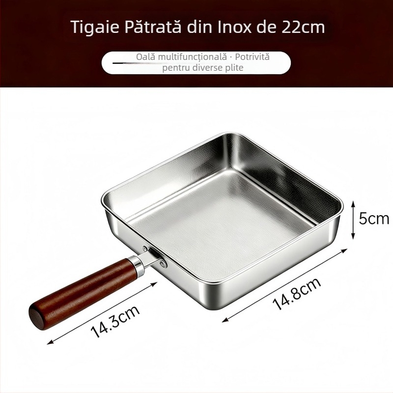 Set de tigăni din oțel inoxidabil 304, fără strat, antiaderent, cu mâner din lemn, protecție împotriva arderii, tigăni pătrate pentru ouă, care pot fi stivuite