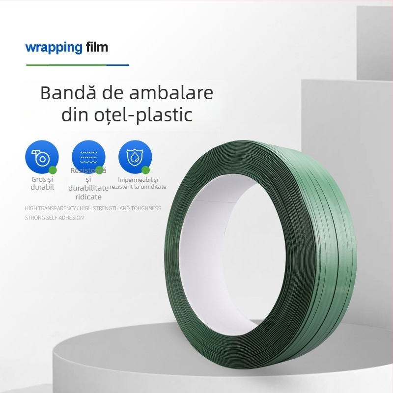 Bandă de ambalare verde opacă, din plastic-otel, cu topire la cald pentru fixarea cutiilor din lemn