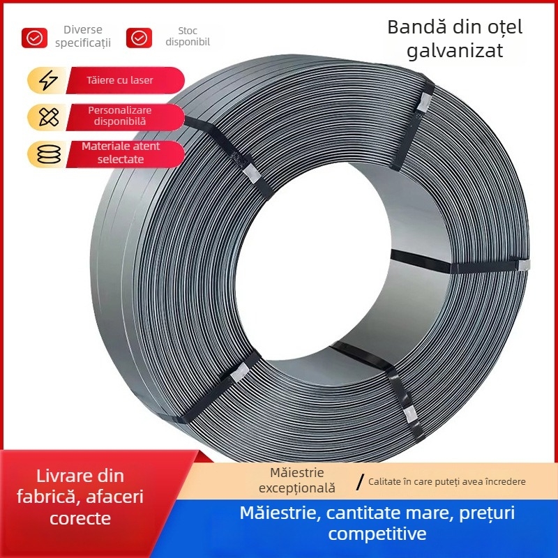 Bandă de ambalare din oțel zincat, galvanizată la cald, rezistentă la coroziune, lățime 16–32 mm