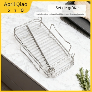 Grilaj pentru air fryer cu frigărui, raft dreptunghiular dublu pentru abur, din oțel inoxidabil