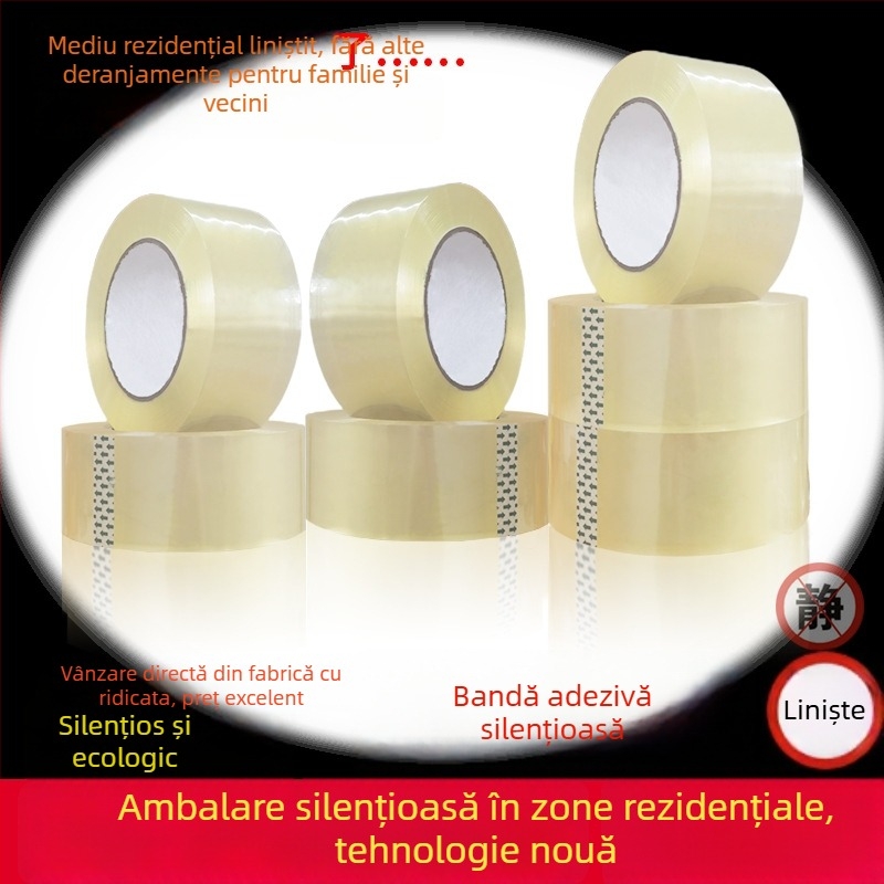 Bandă de ambalare extrem de transparentă, silențioasă, tambur mare, aderență ridicată pentru sigilări sigure; fără zgomot. Grosime 0,05 mm; lățimi 4,5–5,0 cm; lungime 100–170 m; BOPP cu adeziv pe bază de apă.