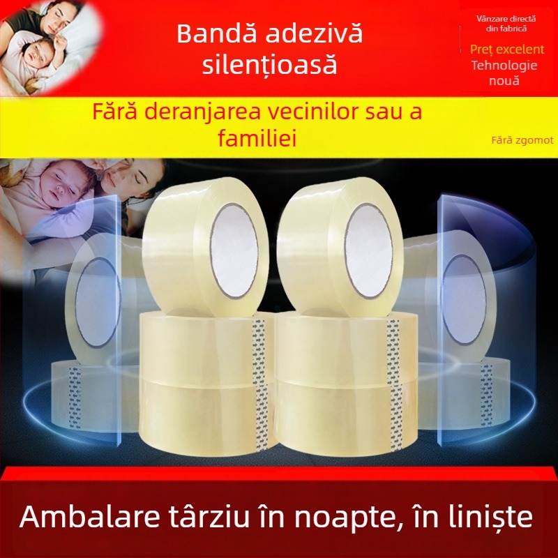 Bandă de ambalare extrem de transparentă, silențioasă, tambur mare, aderență ridicată pentru sigilări sigure; fără zgomot. Grosime 0,05 mm; lățimi 4,5–5,0 cm; lungime 100–170 m; BOPP cu adeziv pe bază de apă.