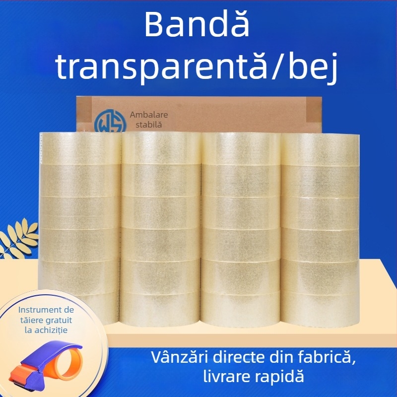Bandă de ambalat bej transparentă, lățime 4,5 cm, lungime 100 m, BOPP, adeziv puternic pentru sigilarea coletelor
