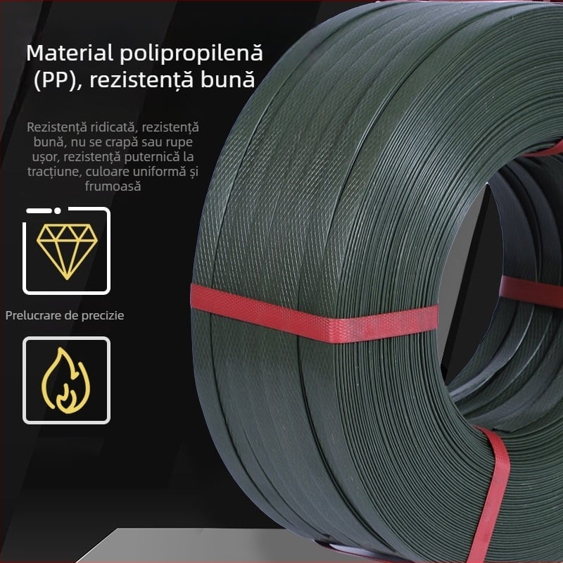 Bandă de ambalare manuală din PP, albă, verde și neagră, lățime 15 mm, grosime 1,6 mm, lungime 800 m, anti-derapantă, pentru ambalarea cartonelor și a cărților
