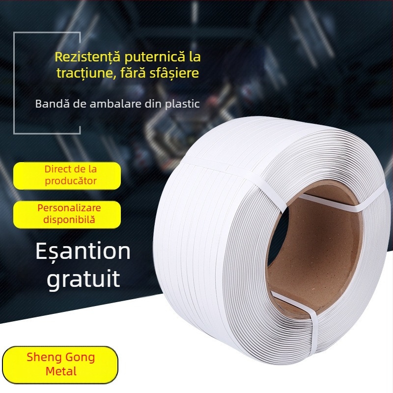 Bandă PET embossată, alb-negru, ecologică, pentru ambalare, grosime 0,55–0,8 mm, rezistență la tracțiune 160 kg