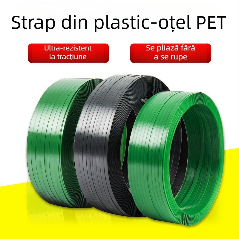 Bandă de legare PET, din plastic-otel, pentru ambalări grele, cu finisaj verde în relief, pentru paleți și cutii