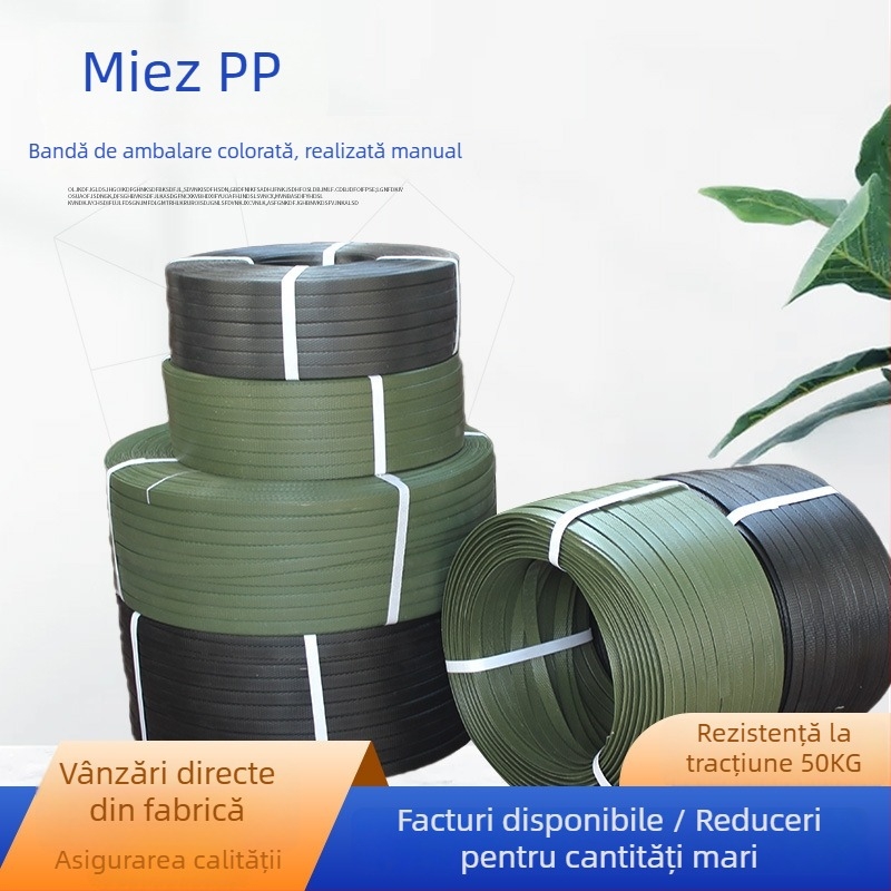 Curele PP pentru ambalare cu folie colorată – realizate manual, negre și verde militar