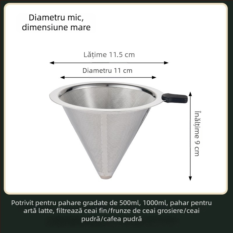 Filtru de ceai din oțel inoxidabil, mare, pentru ceai cu lapte și lapte de soia, conic, 304, mâner dublu
