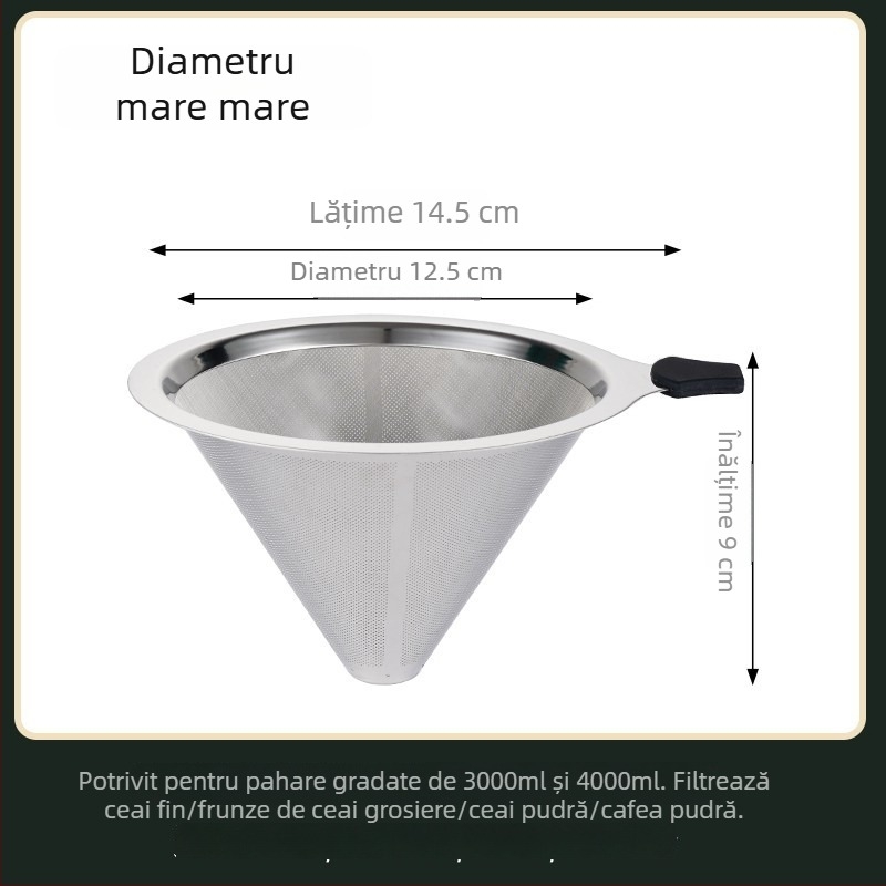 Filtru de ceai din oțel inoxidabil, mare, pentru ceai cu lapte și lapte de soia, conic, 304, mâner dublu