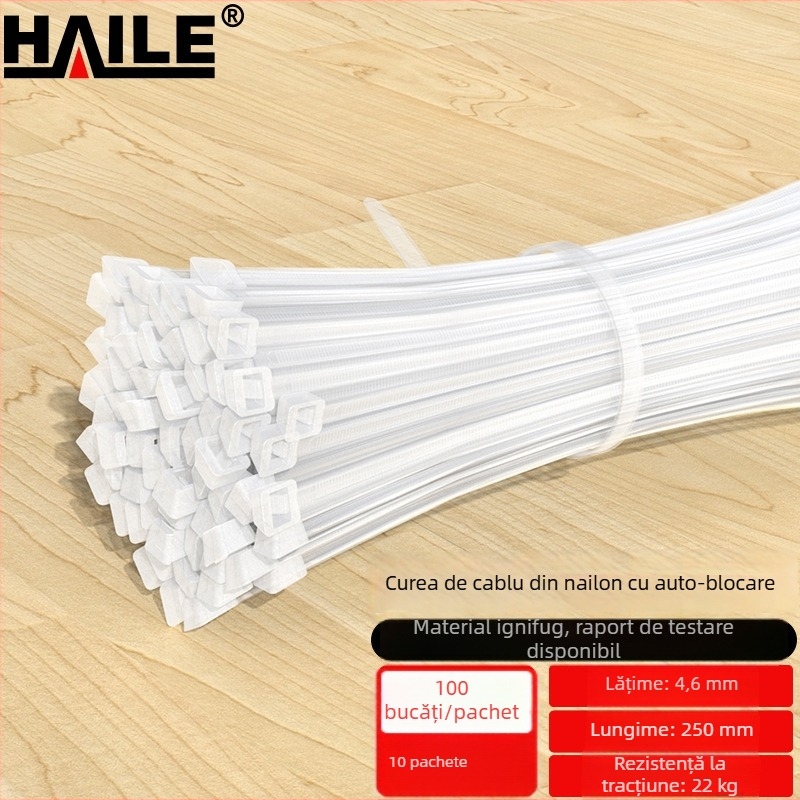 Legătură pentru cabluri din nailon, multifuncțională și transparentă, auto-blocantă și ignifugă, 4,6×250 mm, albă, pachet 1000 bucăți