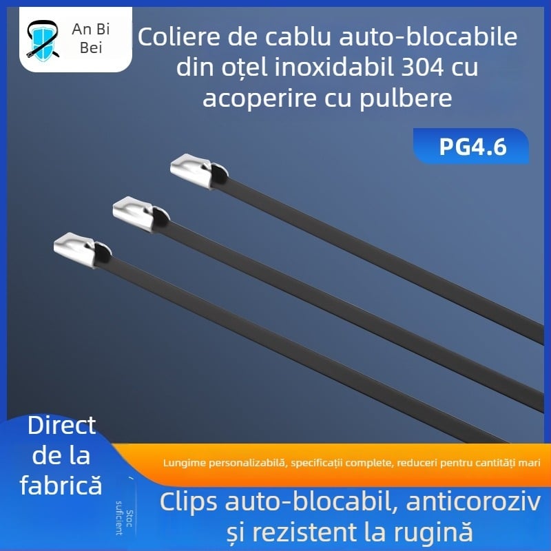 Curele pentru cabluri din oțel inoxidabil cu acoperire prin pulverizare, de calitate marină, negre, autoîncuietoare, curele metalice pentru cabluri, lățime 4,6 mm