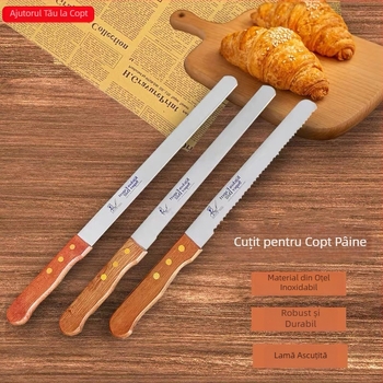 Cuțit de pâine cu lamă zimțată din oțel inoxidabil și mâner din lemn