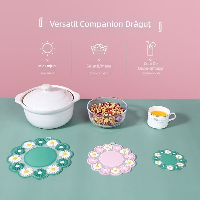 Plăcuță circulară izolantă termică, cu model floral, antiderapant, rezistentă la temperaturi înalte; pentru farfurii, boluri, căni și oale; PVC, grosime extra