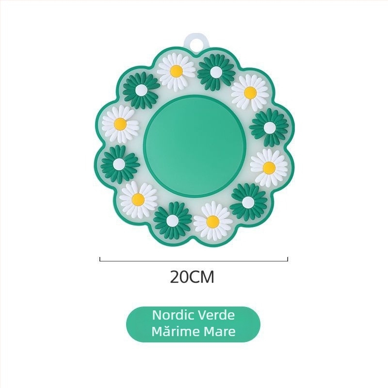 Plăcuță circulară izolantă termică, cu model floral, antiderapant, rezistentă la temperaturi înalte; pentru farfurii, boluri, căni și oale; PVC, grosime extra