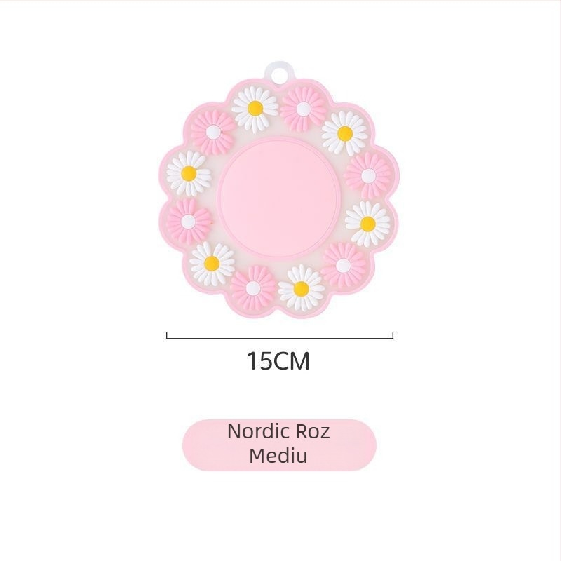 Plăcuță circulară izolantă termică, cu model floral, antiderapant, rezistentă la temperaturi înalte; pentru farfurii, boluri, căni și oale; PVC, grosime extra