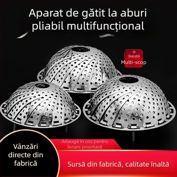 Tigaie pentru aburi din oțel inoxidabil, pliabilă în formă de lotus, cu tavă retractabilă pentru scurgerea fructelor și legumelor