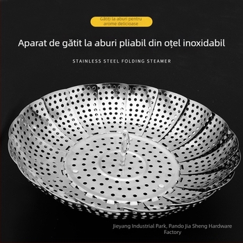 Tigaie pentru aburi din oțel inoxidabil, pliabilă în formă de lotus, cu tavă retractabilă pentru scurgerea fructelor și legumelor