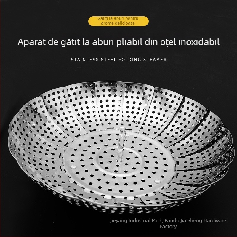Tigaie pentru aburi din oțel inoxidabil, pliabilă în formă de lotus, cu tavă retractabilă pentru scurgerea fructelor și legumelor