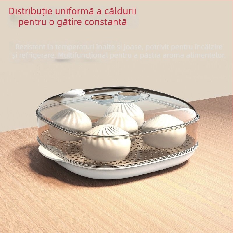 Cutie transparentă de aburi pentru microunde cu capac, pentru încălzirea chiflelor aburite, multifuncțională pentru uz casnic