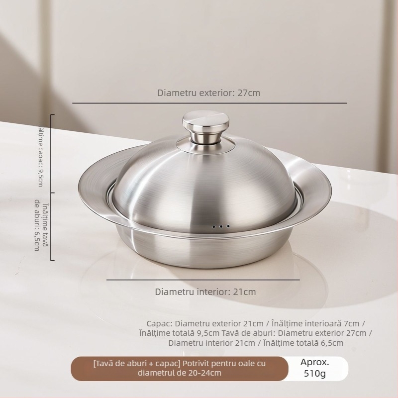 Platou de aburi din oțel inoxidabil 304, în formă de UFO, cu capac, suport universal pentru aburi, tavă de aburi și coș de gătit la abur, diametru interior 20–26 cm