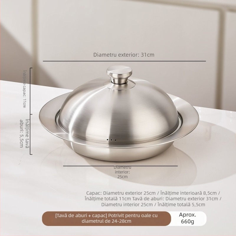 Platou de aburi din oțel inoxidabil 304, în formă de UFO, cu capac, suport universal pentru aburi, tavă de aburi și coș de gătit la abur, diametru interior 20–26 cm